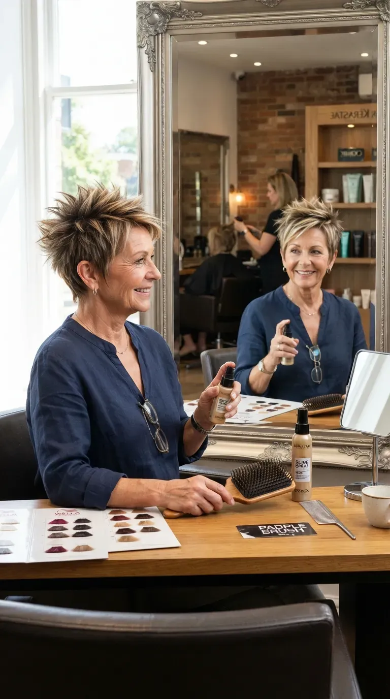 Spiky crop haircut with subtle highlights on older woman for dimension