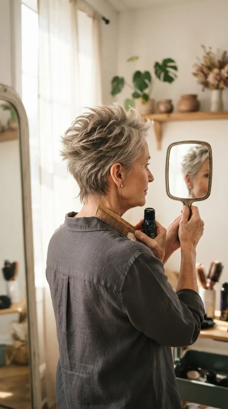 Spiky crop haircut with textured nape detail on older woman