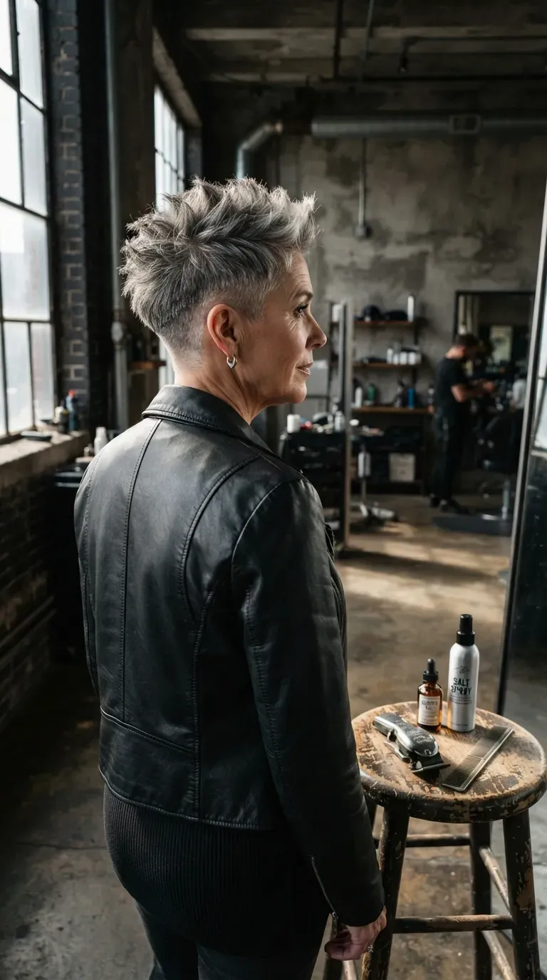 Spiky undercut pixie haircut on older woman with shaved side detail