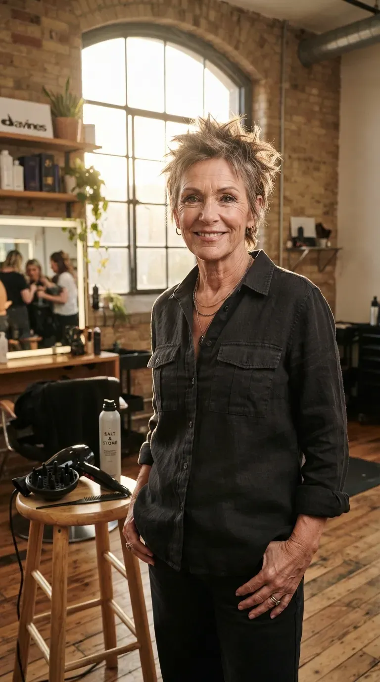 Spiky wolf-inspired crop haircut on older woman with edgy layers