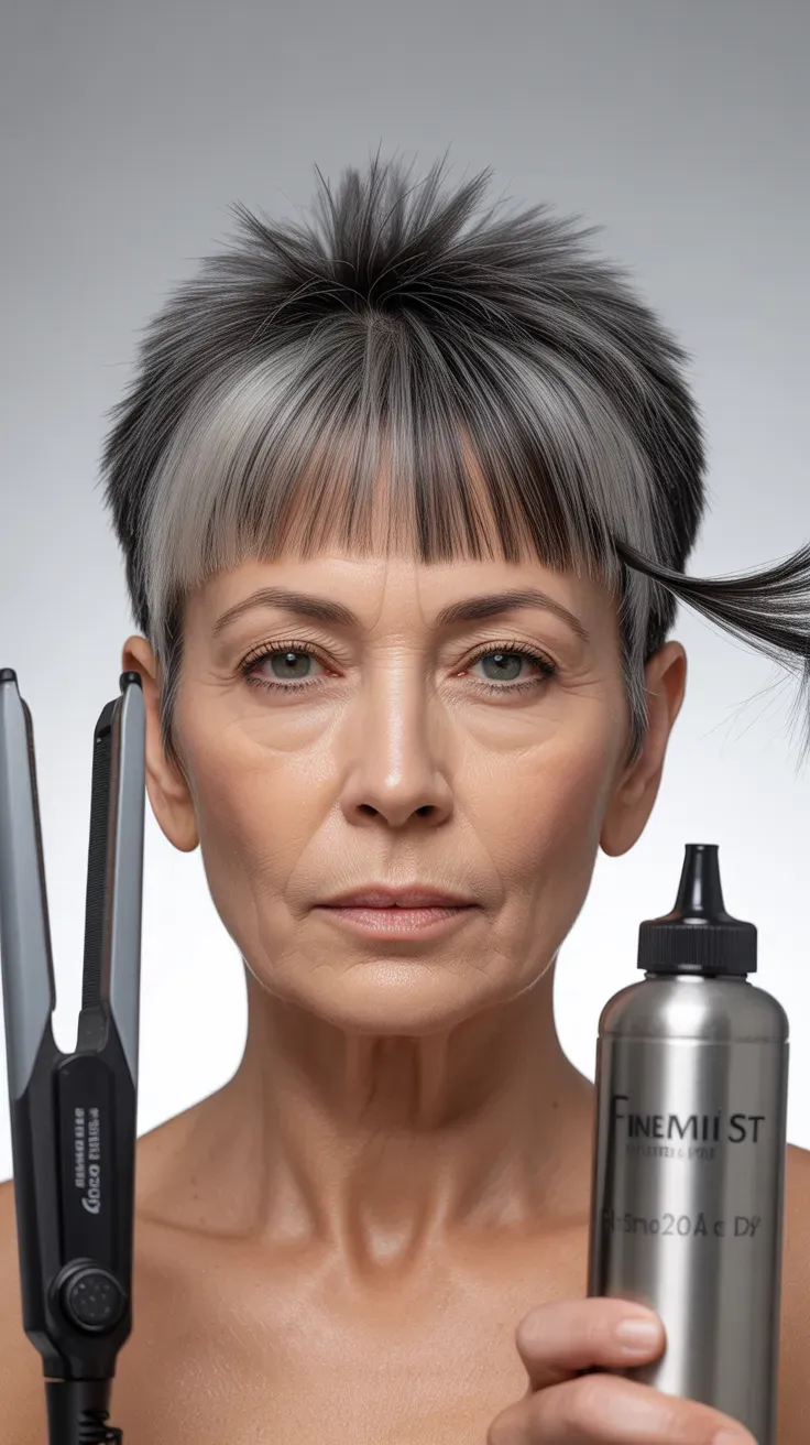 Woman over 50 with a spiky pixie paired with a precise blunt fringe