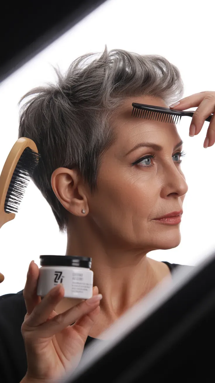 Woman over 50 with a spiky pixie styled brushed back away from the face