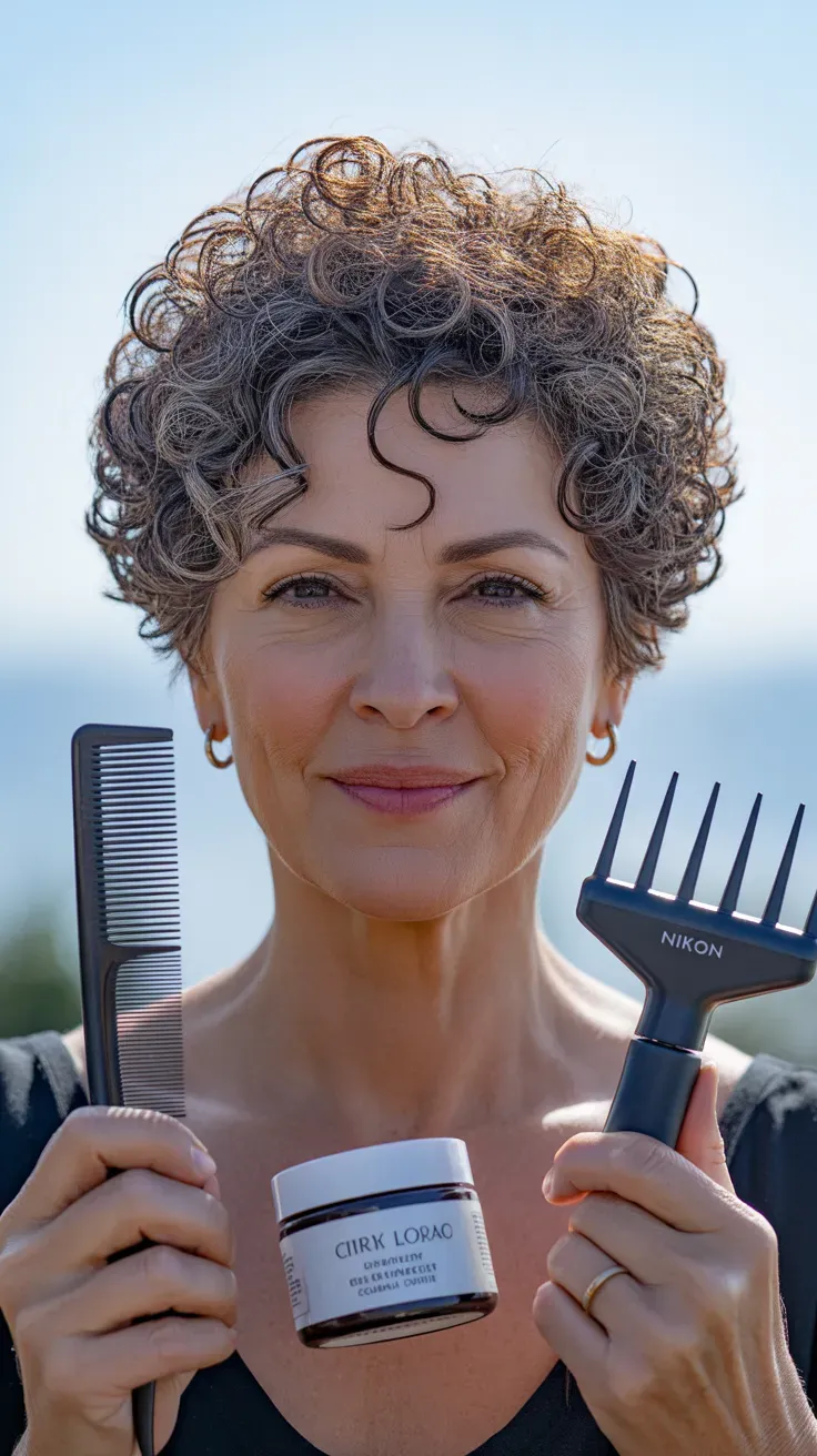 Woman over 50 with naturally curly hair styled into a spiky pixie