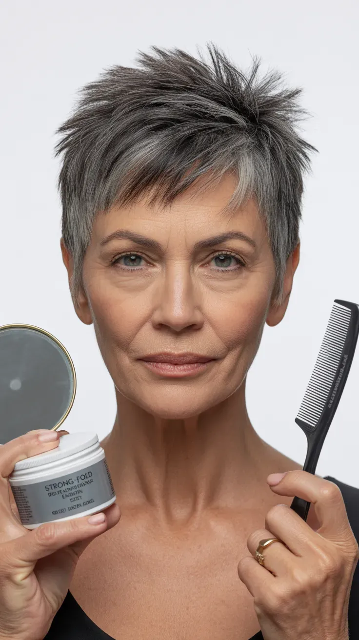 Woman over 50 with a spiky pixie styled with strong-hold gel for defined points