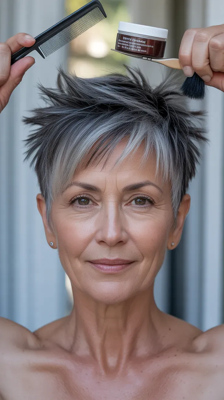 Woman over 50 with a spiky pixie cut featuring extra length on top