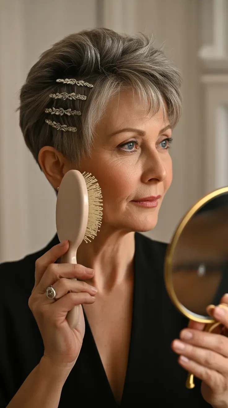 Woman over 50 with a spiky pixie polished neatly for a formal special occasion