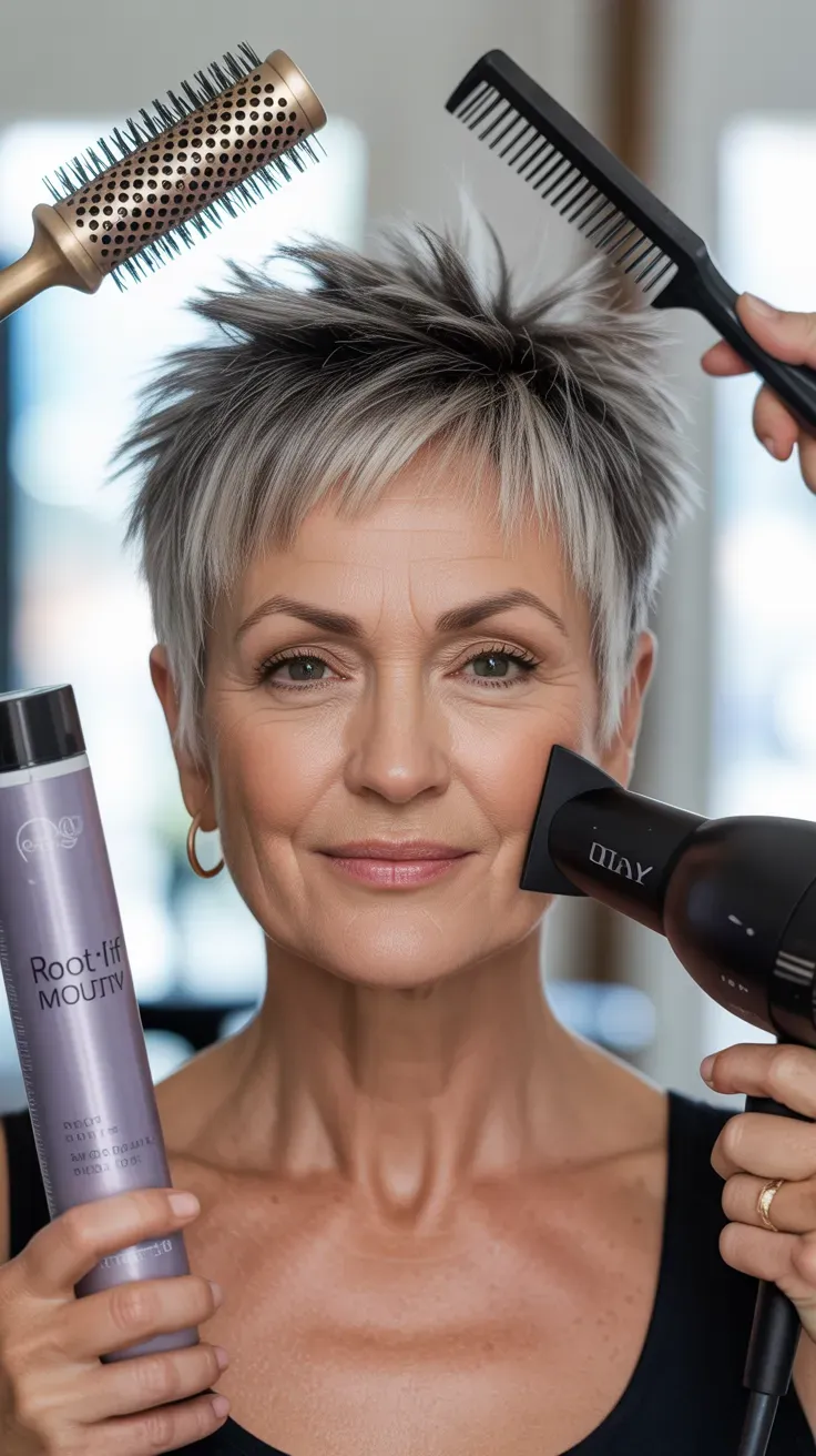 Woman over 50 with a spiky pixie styled with lifted, voluminous roots