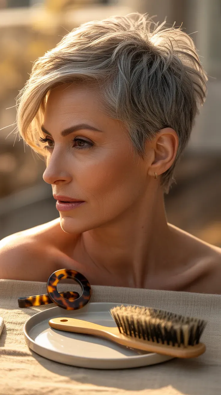 Woman over 50 with a spiky pixie styled with a long, side-swept fringe