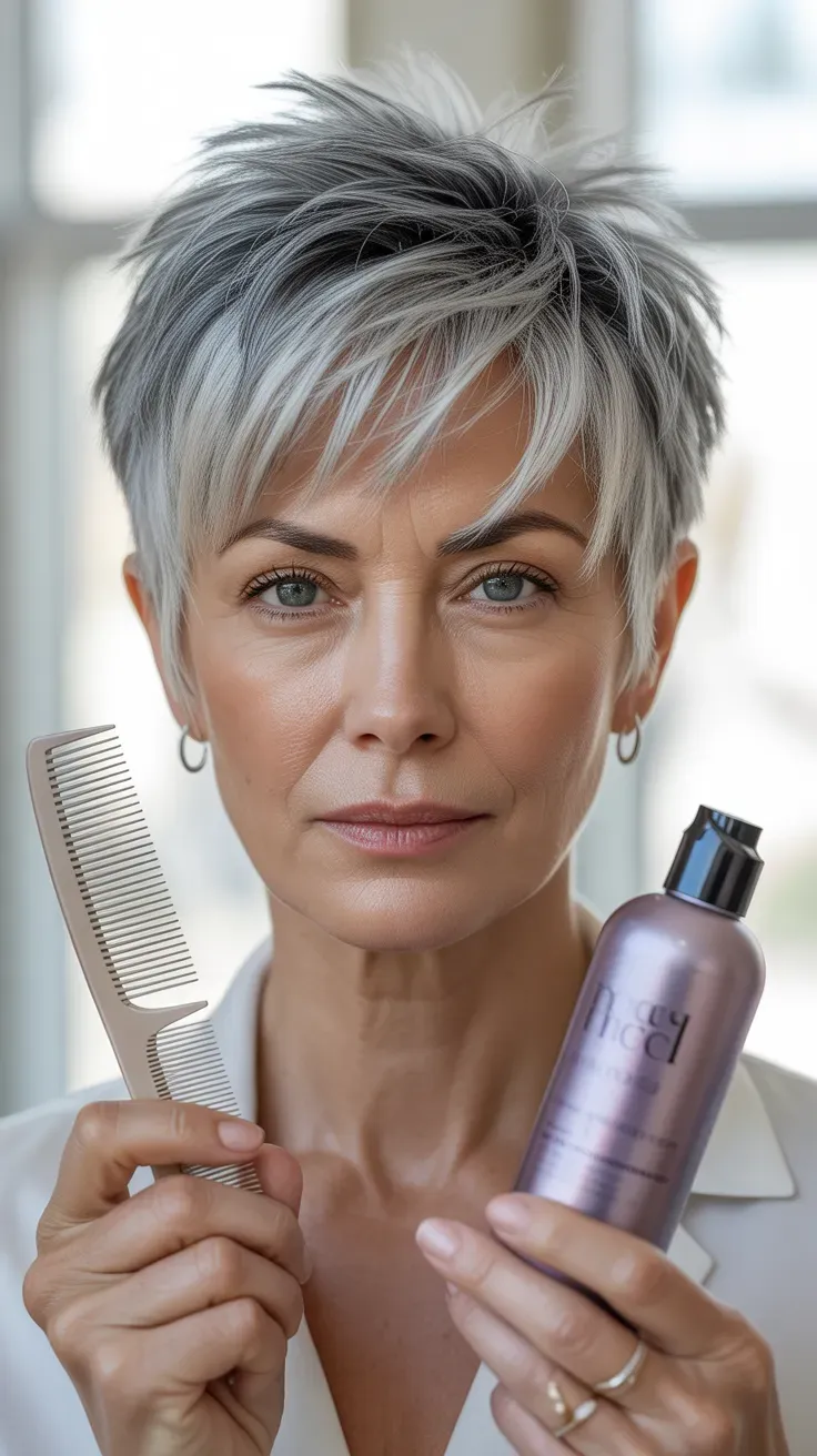 Woman over 50 with a spiky pixie showcasing natural silver tones