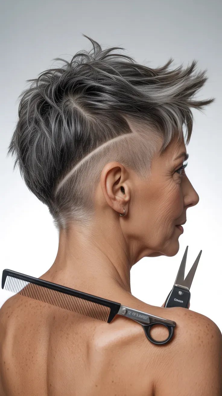 Woman over 50 with a spiky pixie featuring a bold, shaved undercut