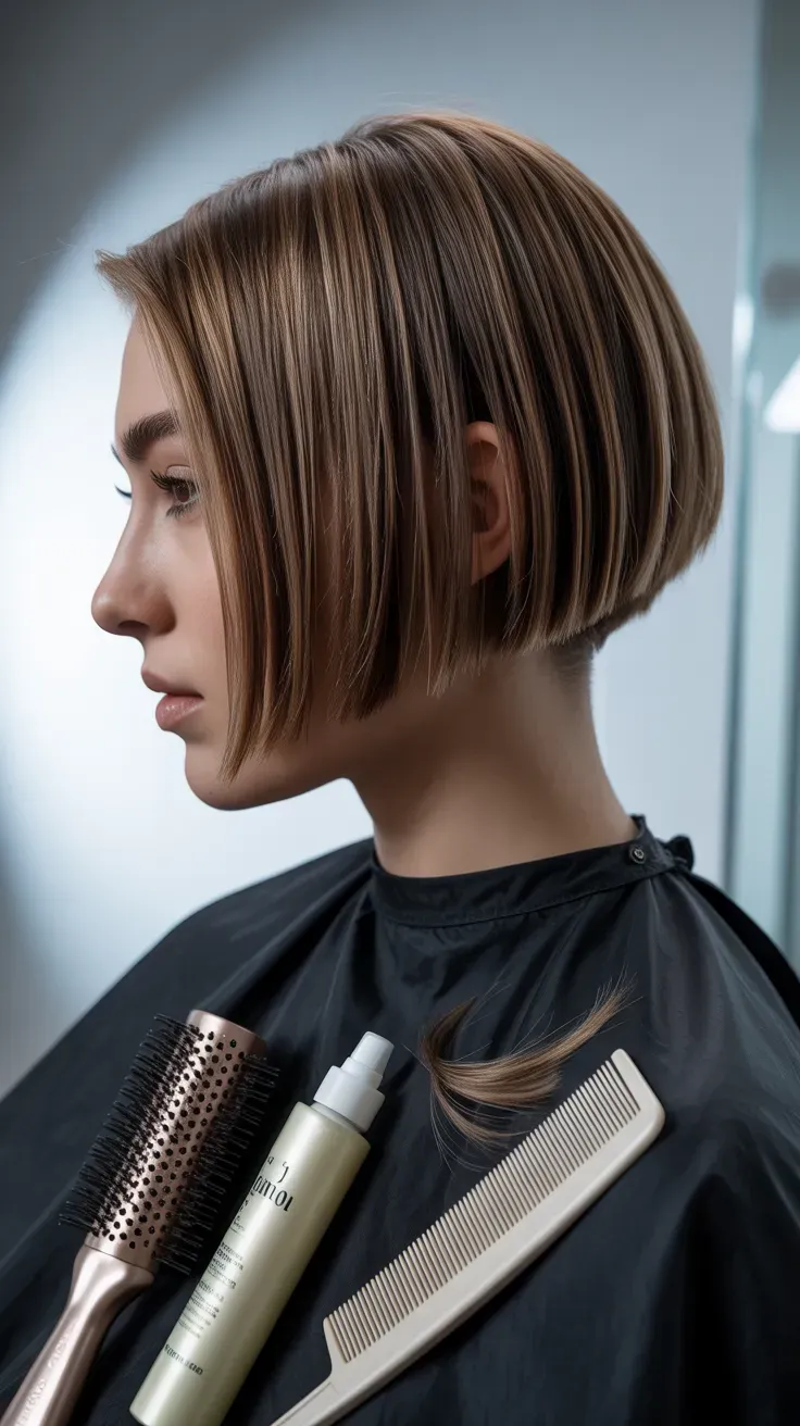 Woman with a stacked bob featuring graduated layers at the back