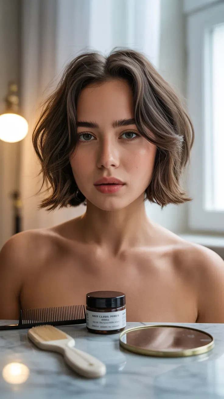 Woman with a textured chin-length bob styled with soft piecey layers