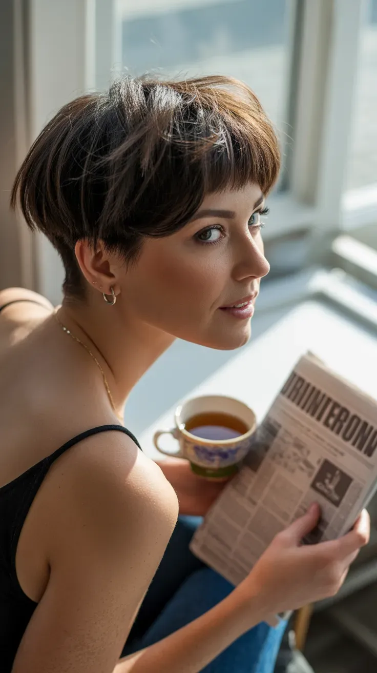 Woman with a textured crop haircut and swept side fringe framing her face