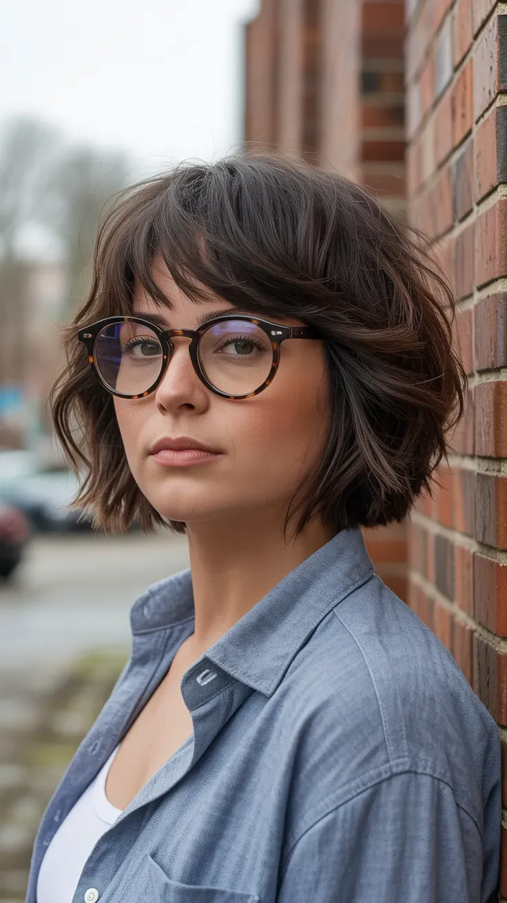 Woman with a textured French bob featuring piecey layered ends
