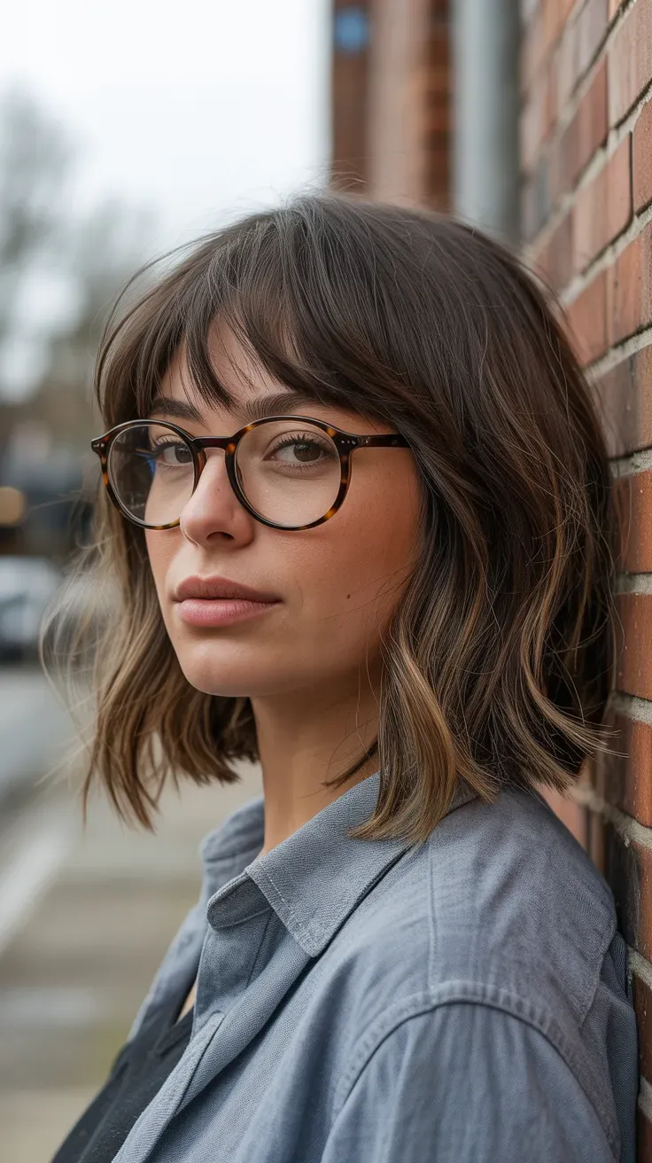 Woman with a textured long bob featuring piecey layered ends and soft bangs
