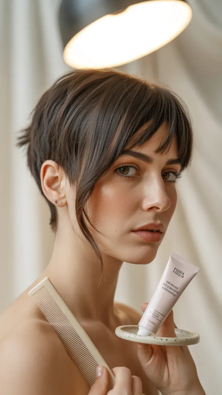 Woman with a textured pixie cut and long side-swept bangs