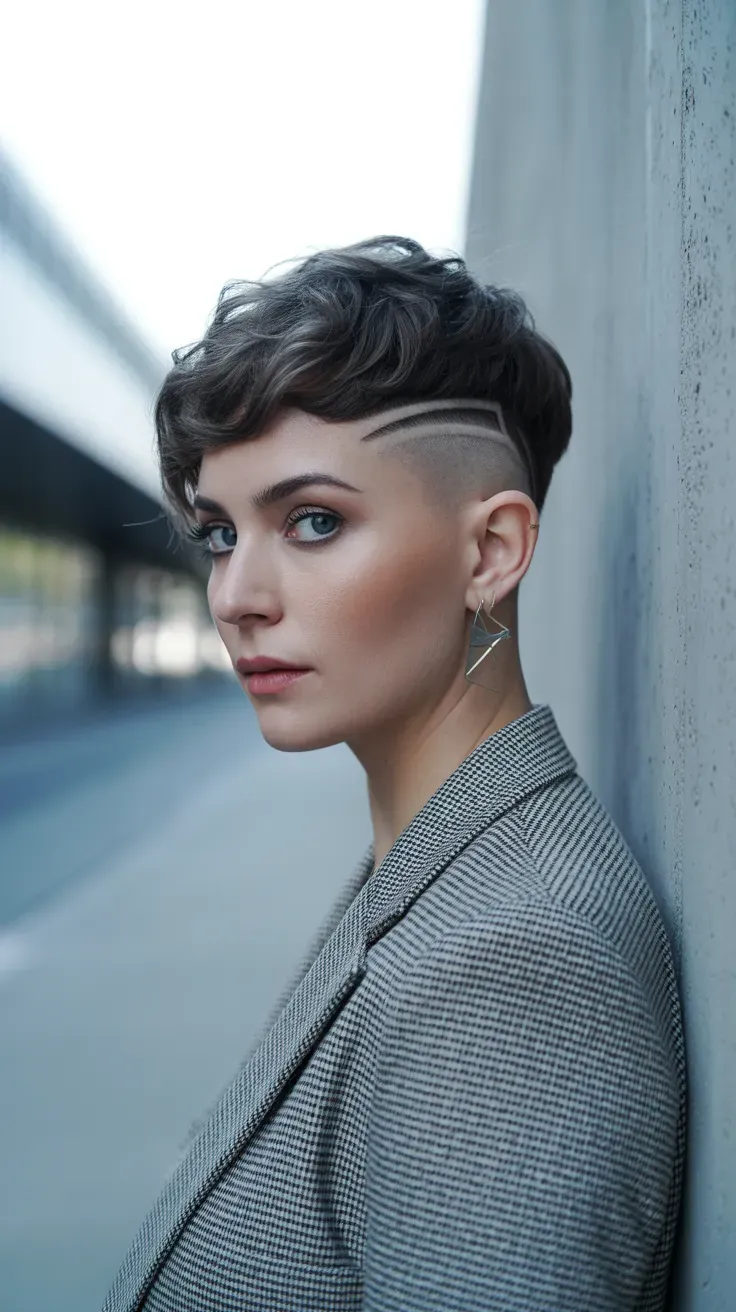 Woman with a textured pixie cut featuring a subtle undercut above one ear