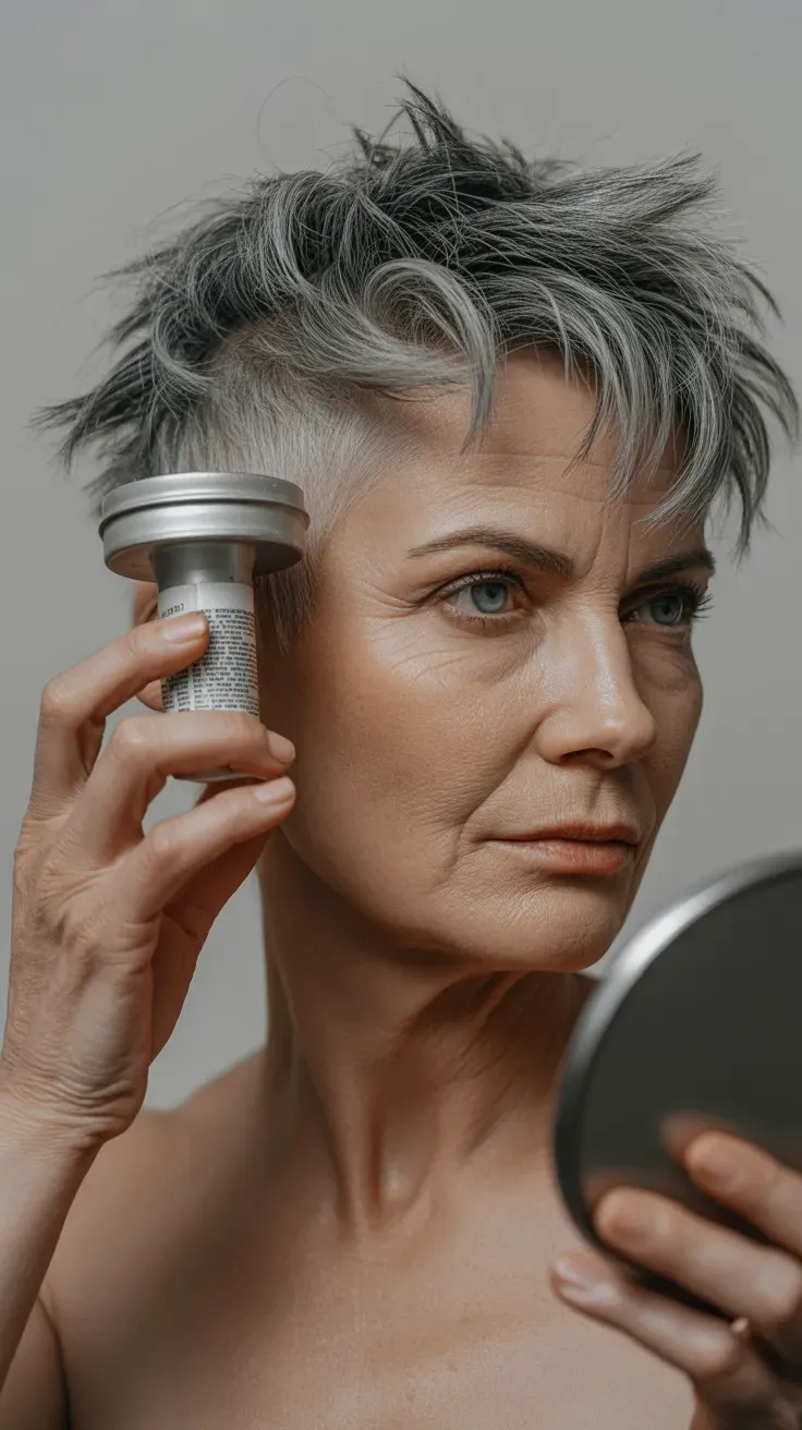 Woman over 50 with a textured spiky crop featuring piecey, defined spikes