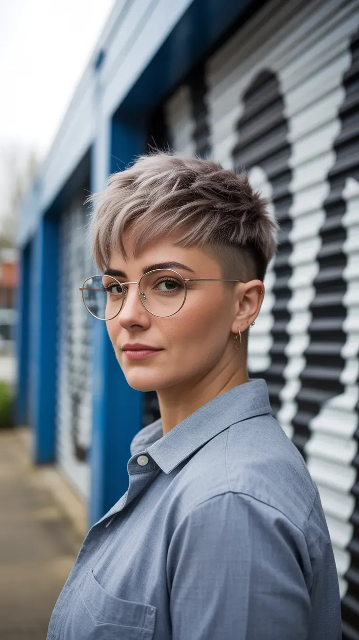 Woman with a short textured wolf-inspired pixie cut and choppy crown