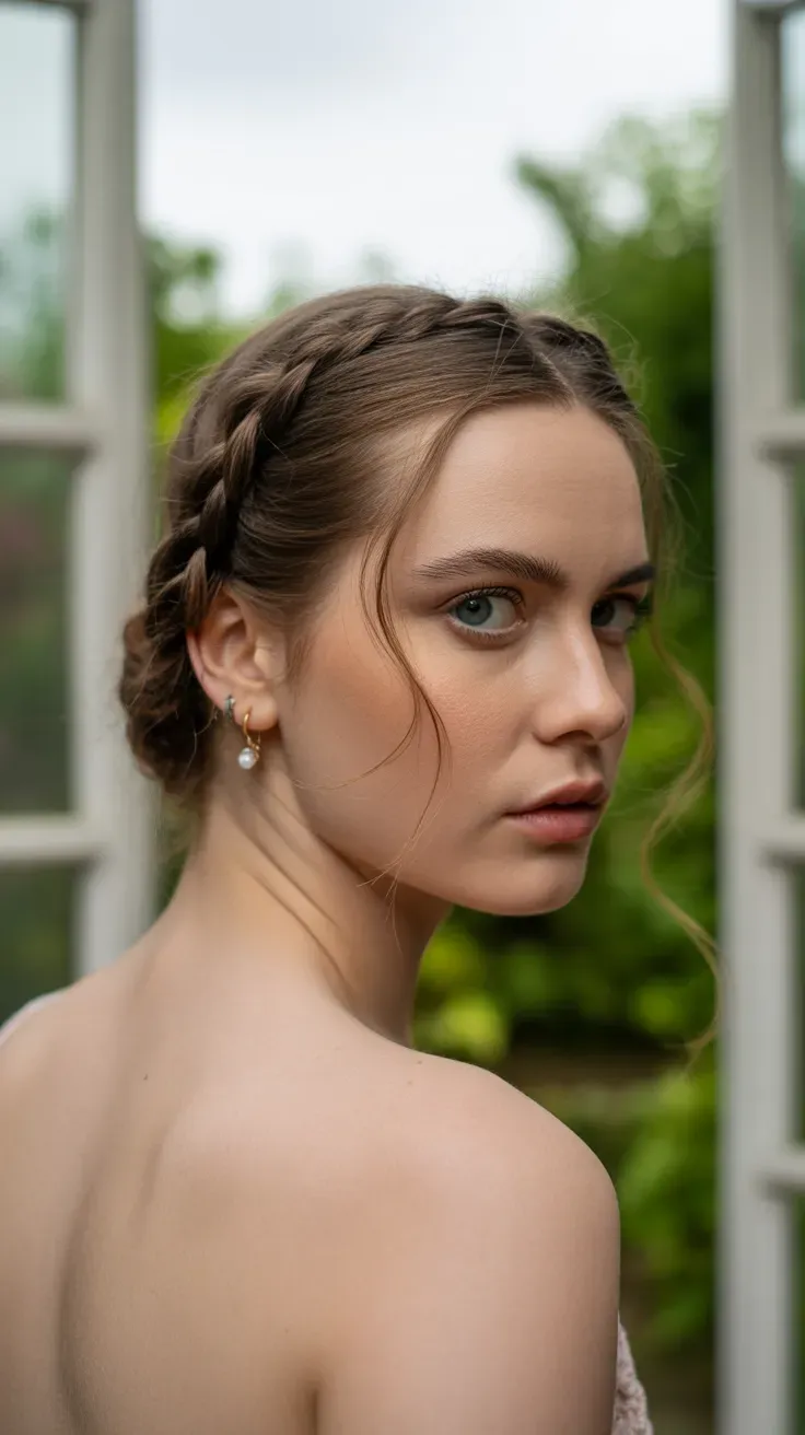 Woman with a delicate thin braid wrapped around the crown of her head