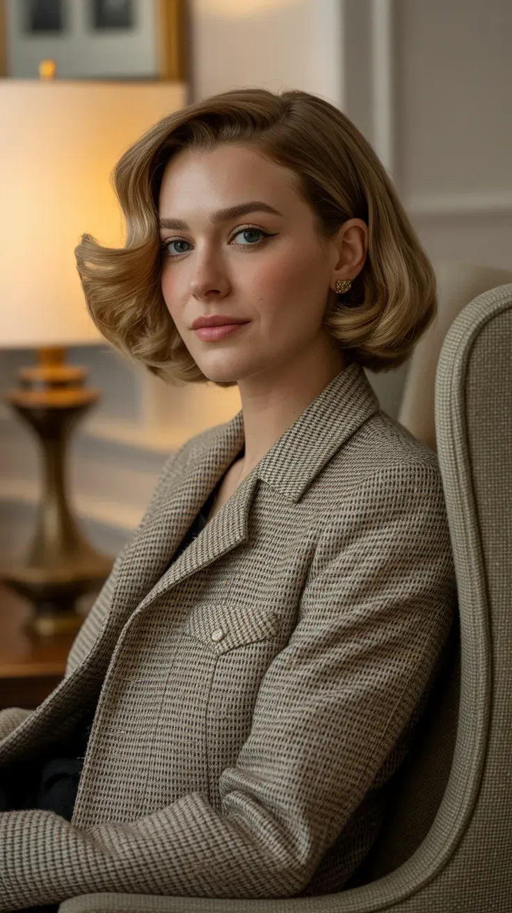 Woman with a classic bob haircut styled with subtle soft waves throughout