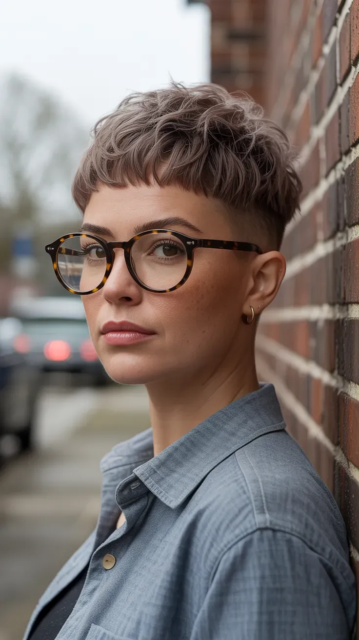 Woman with a tousled textured pixie cut and matte finish