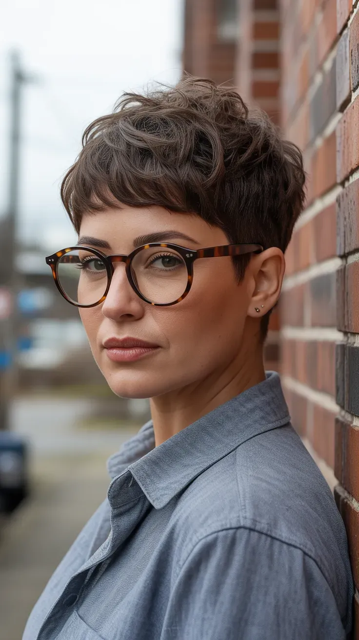 Woman with a tousled textured pixie cut and matte finish