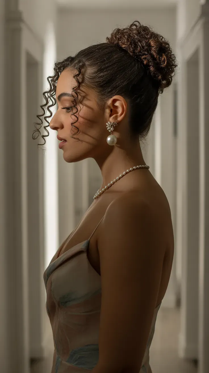 Woman with a twisted updo showing natural curly pieces left loose