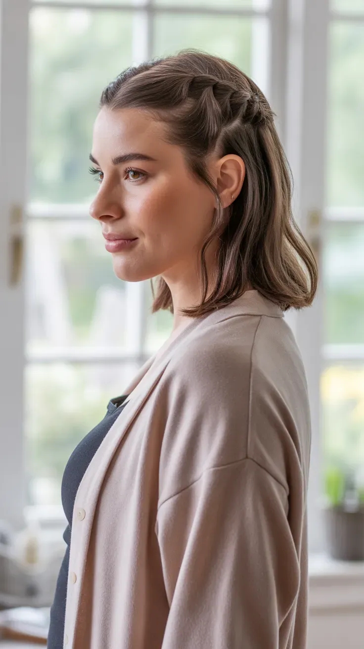 Woman with a twisted half-up hairstyle pinned back with loose hair falling below