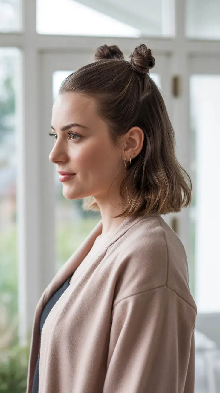 Woman with a twisted half-up hairstyle pinned back with loose hair falling below