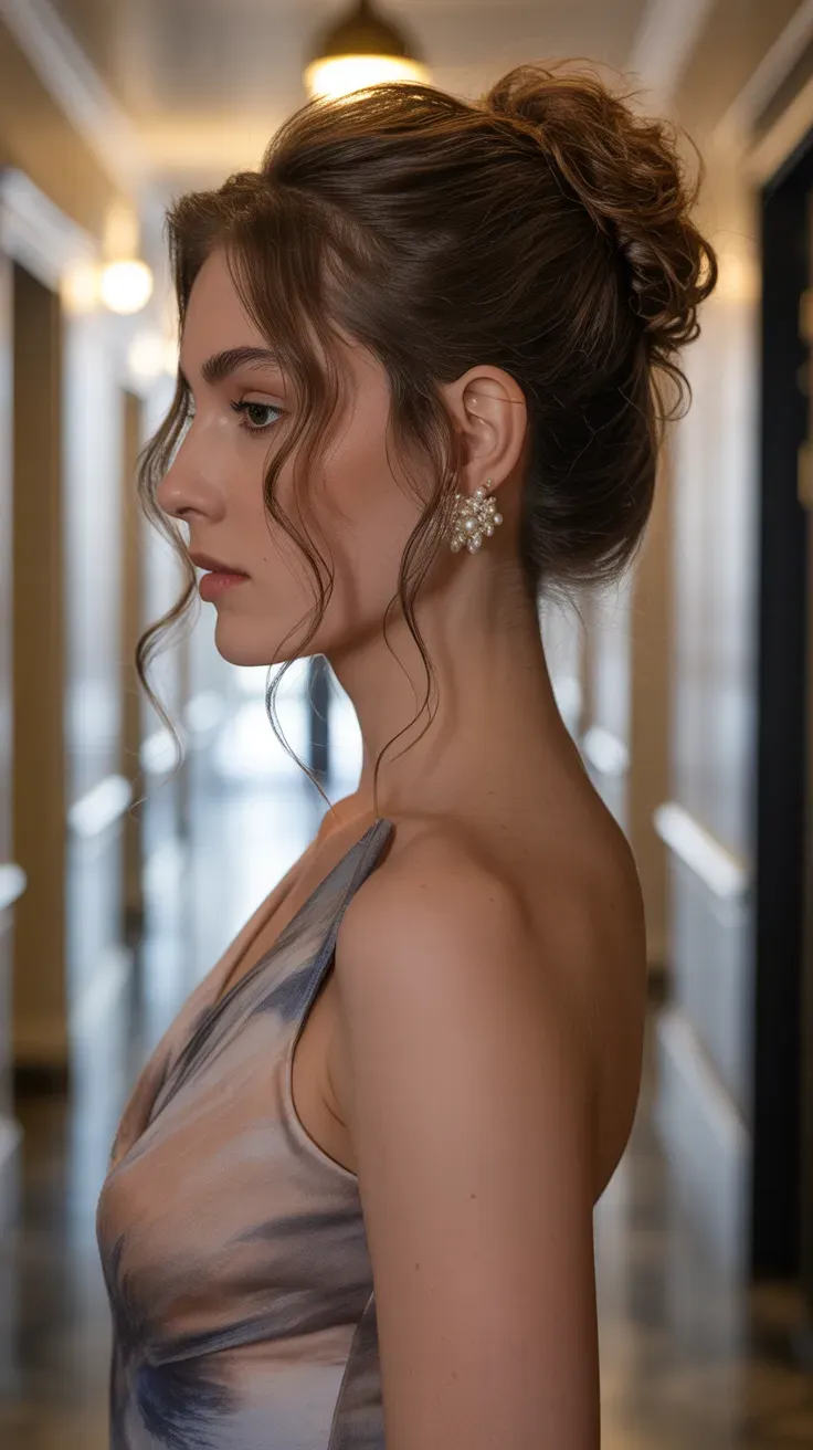 Woman with an elegant twisted updo showing natural wavy pieces left loose