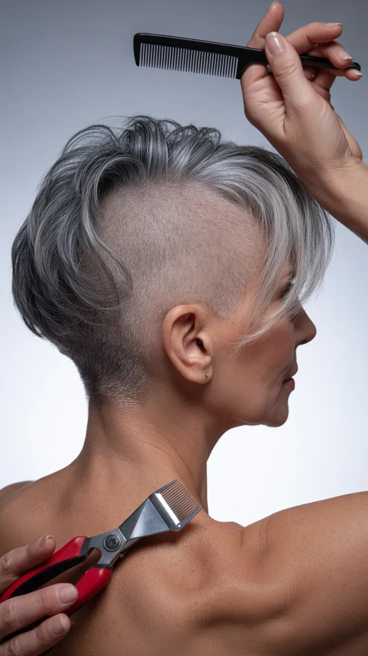 Woman over 50 with an undercut gray pixie featuring a shaved section and longer top