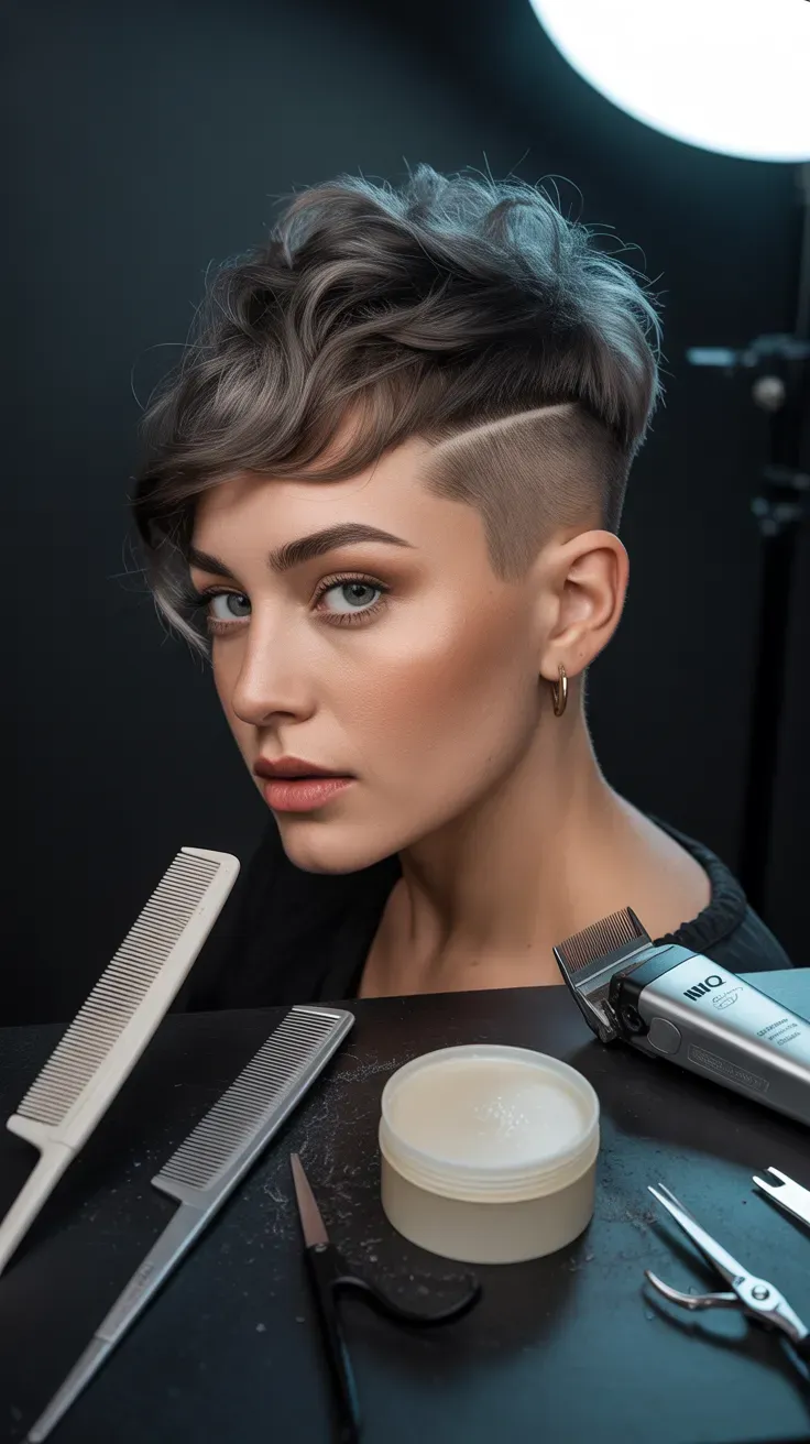 Woman with a textured pixie featuring a shaved undercut at the nape