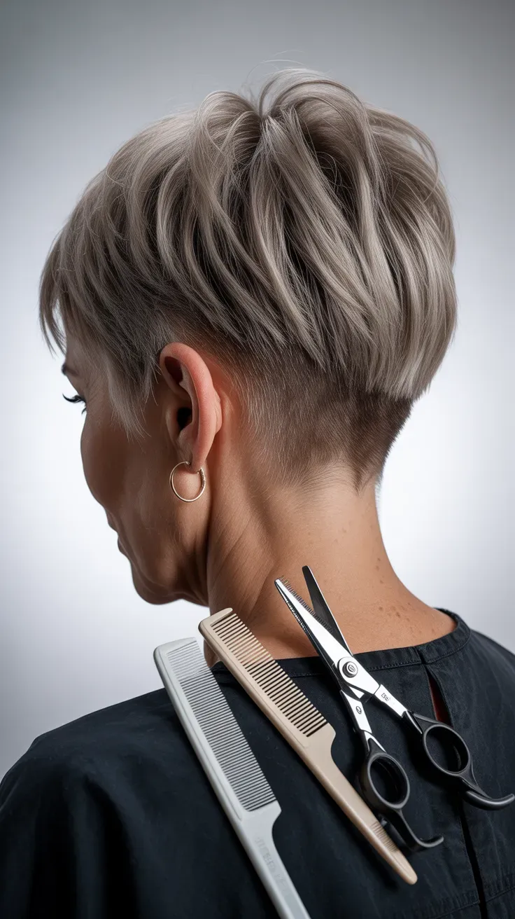 Woman over 50 with a shag haircut featuring a subtle undercut at the nape