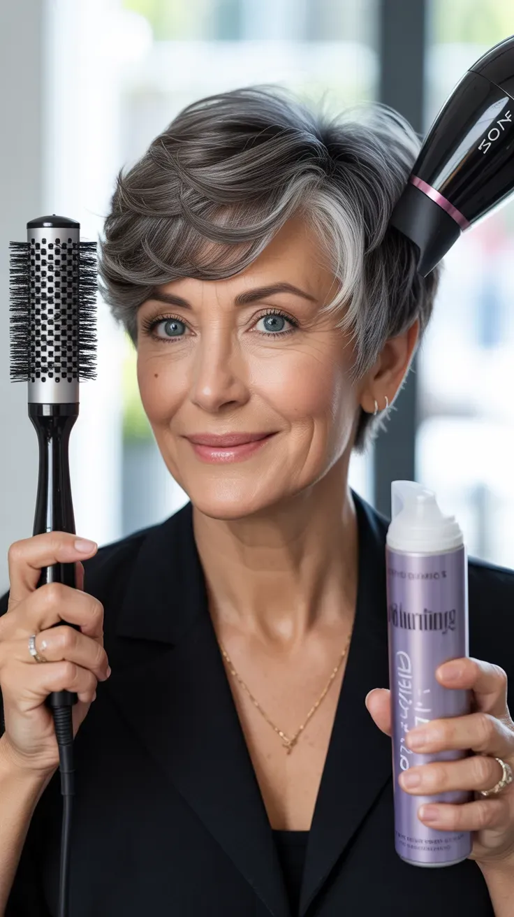 Woman over 50 with a gray pixie styled with extra volume from a fresh blow-dry