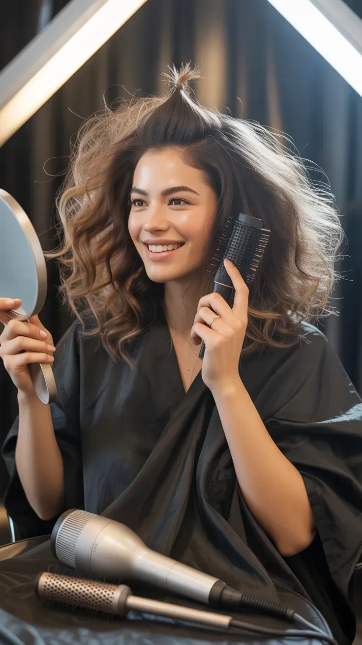 Woman with a full voluminous blowout hairstyle showing lifted roots and smooth ends