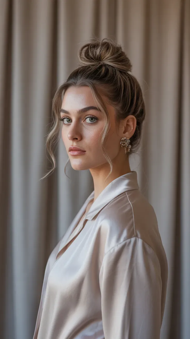 Woman with a soft voluminous top knot styled high on the crown