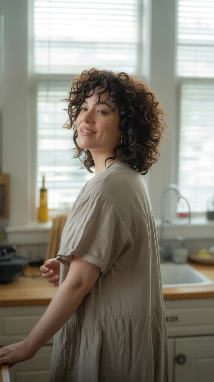 Woman with natural curls styled in an easy wash-and-go look
