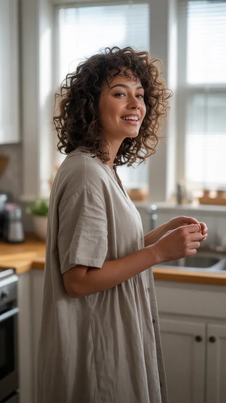 Woman with natural soft curls styled in an easy wash-and-go look