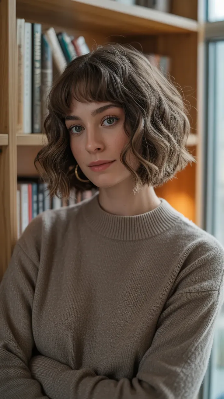 Woman with a wavy bob and soft curtain bangs parted at the center