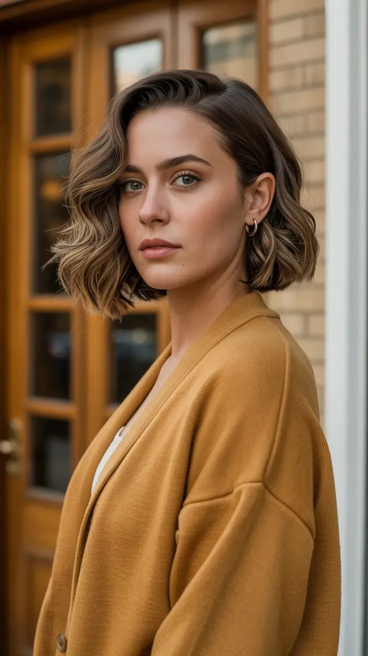 Woman with a wavy bob styled with a dramatic deep side part
