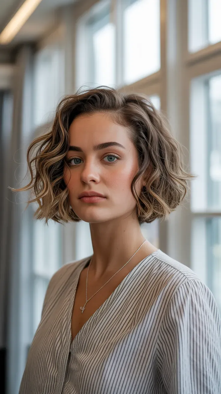 Woman with a wavy bob styled with visible lift and volume at the roots