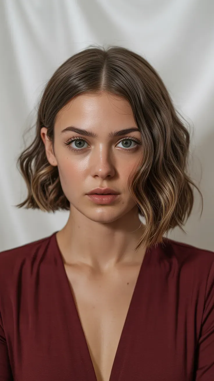 Woman with a wavy bob styled with a deep side part for added volume