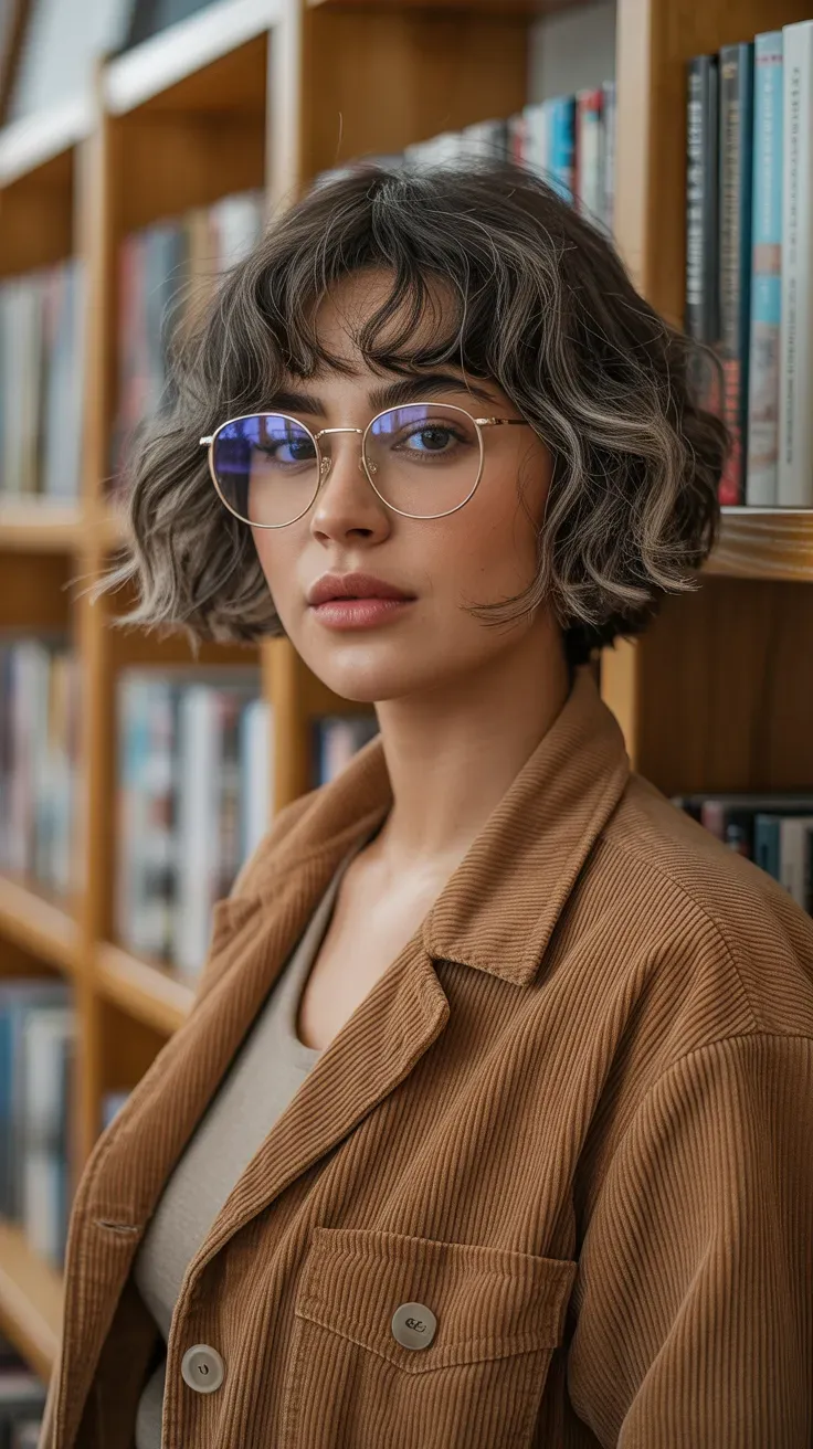 Woman with a short wavy crop and wispy bangs across the forehead