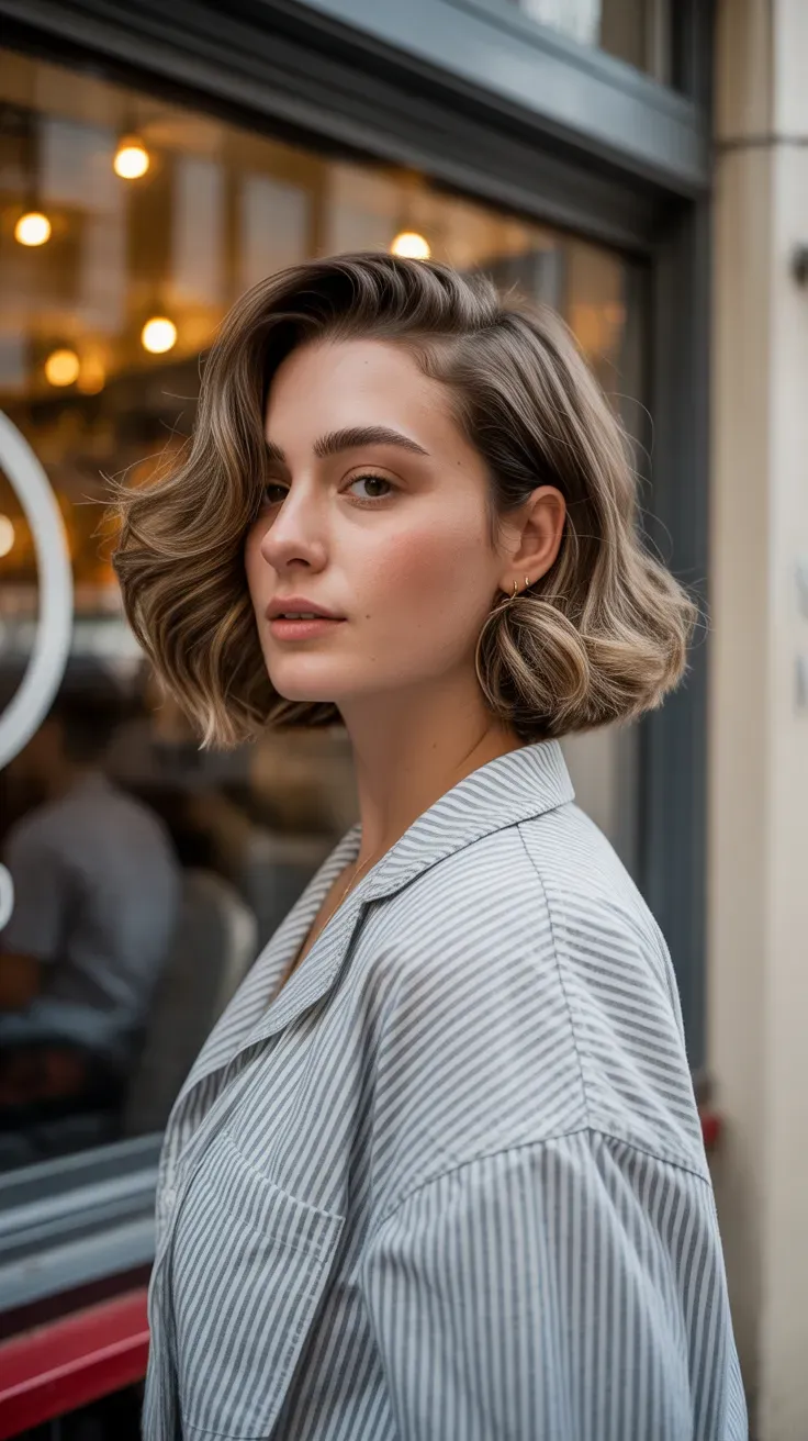 Woman with a French bob styled with soft natural waves throughout