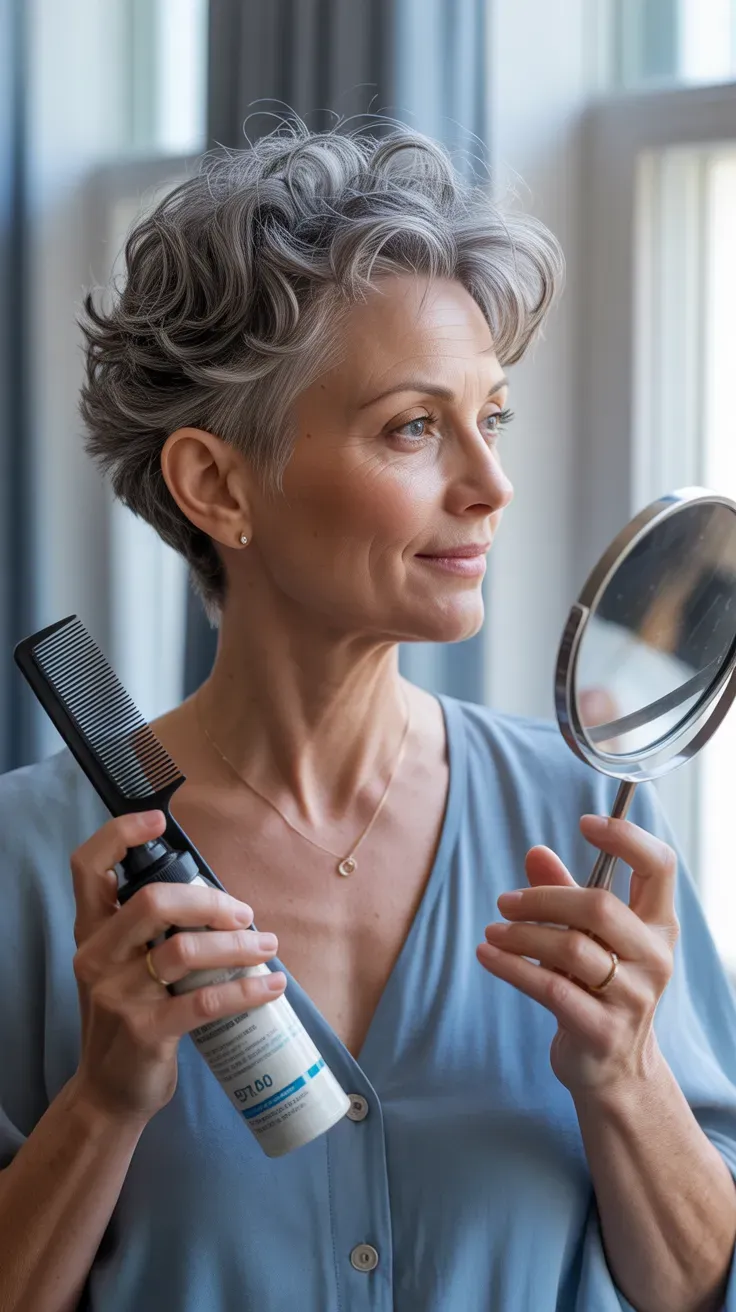 Woman over 50 with a short gray crop styled with natural, soft waves