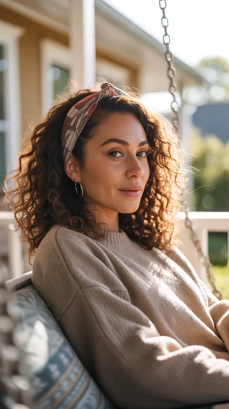 Woman with natural wavy hair styled with a fabric headband pushing hair back