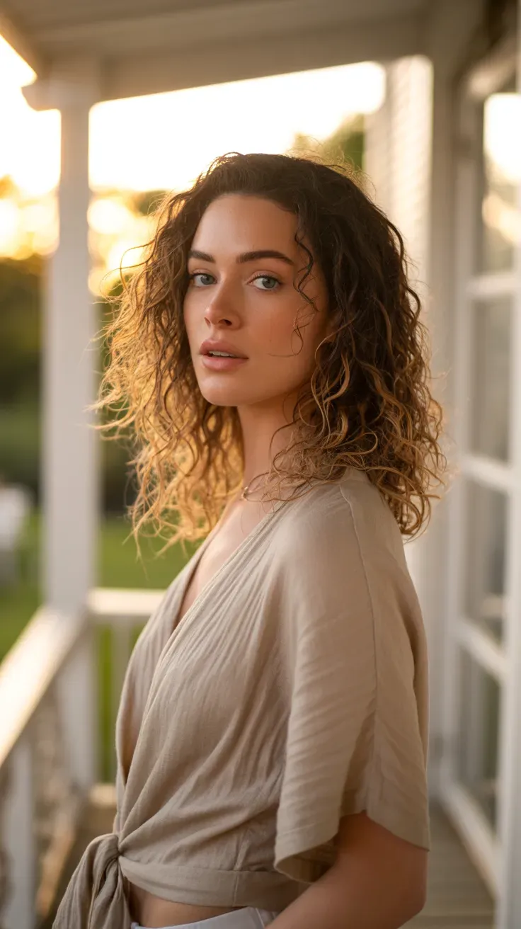 Woman with natural wavy hair finished with a light texturizing spray for definition