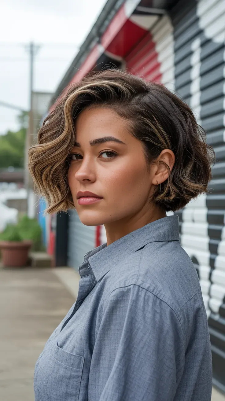 Woman with a short layered crop showing natural wavy texture throughout