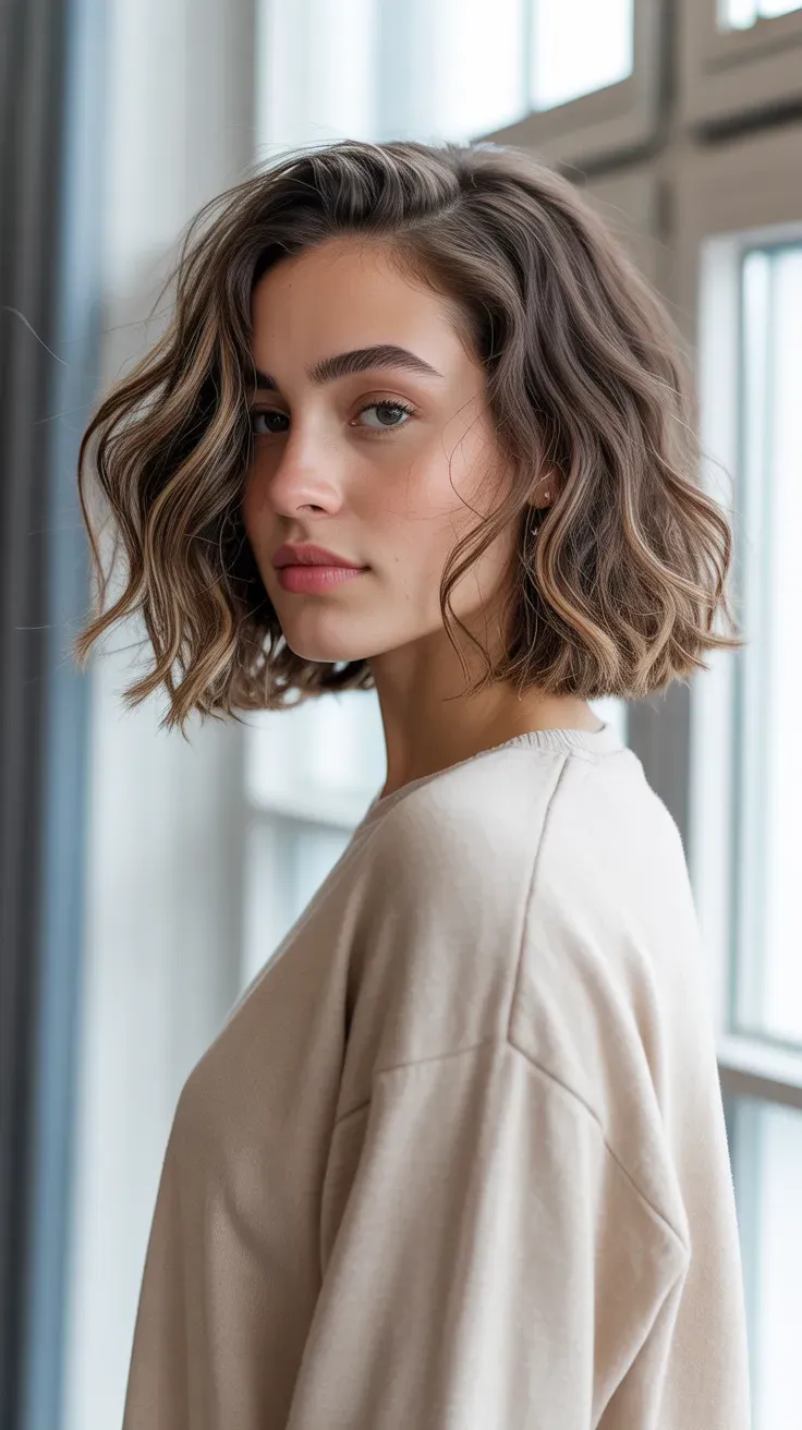Woman with a wavy long bob featuring soft face-framing layers